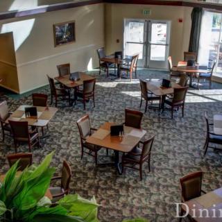 An empty dining area with neatly arranged tables and chairs, featuring natural lighting and a cozy atmosphere.
