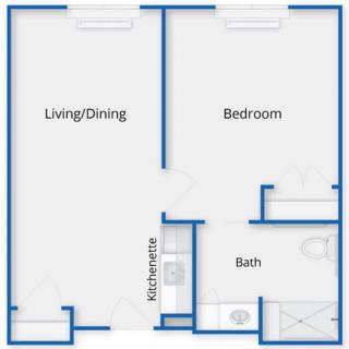 A floor plan of a one-bedroom apartment with a living/dining area, kitchen, and bathroom.
