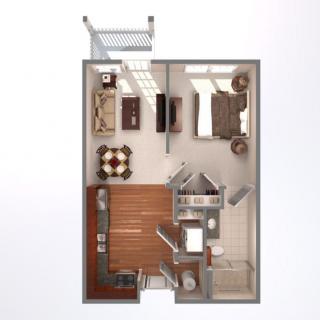A detailed floor plan of a compact one-bedroom apartment featuring a living room, kitchen, dining area, bathroom, and balcony.