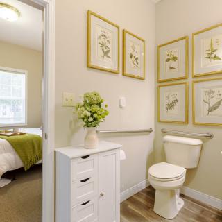 A neatly decorated bathroom with framed botanical art, featuring a white cabinet and green accents.
