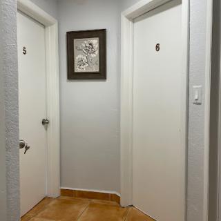 A glimpse of a hallway featuring two closed doors and a piece of artwork on the wall.