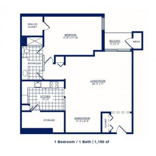 Floor plan of a 1-bedroom, 1-bath apartment.