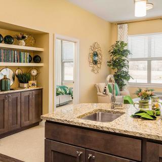 A modern kitchen with granite countertops and stylish wooden cabinetry, featuring open shelves and decorative plants.