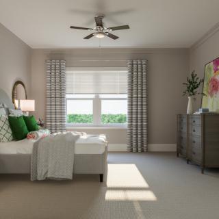 A modern and minimalist bedroom with ample natural light.