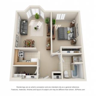 A 3D floor plan of a one-bedroom apartment featuring a living room, kitchen, bathroom, and bedroom.
