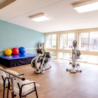 A well-lit gym area featuring exercise equipment and stability balls, ideal for fitness and rehabilitation.