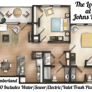 Floor plan of a two-bedroom apartment at The Lofts at Johns Creek, highlighting the layout and included utilities.