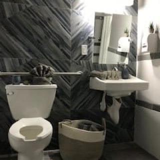 A bathroom with raccoons exploring the toilet, sink, and basket.