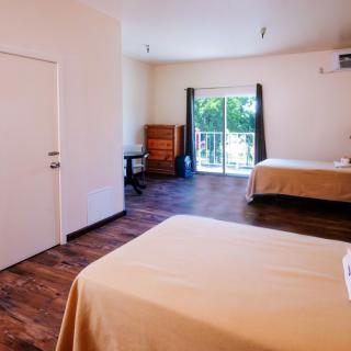 A spacious bedroom with two beds, wooden flooring, and ample natural light through a large window.