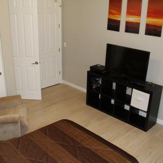 A cozy bedroom featuring a television on a stand, with decorative paintings on the wall.
