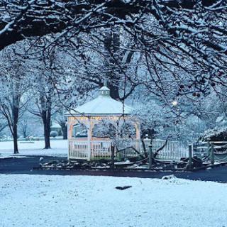 A serene winter scene with a gazebo surrounded by freshly fallen snow.