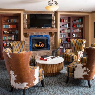 A cozy living room with a fireplace surrounded by bookshelves and comfortable seating.