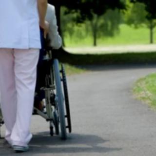 A caregiver assists a person in a wheelchair along a path in a park.
