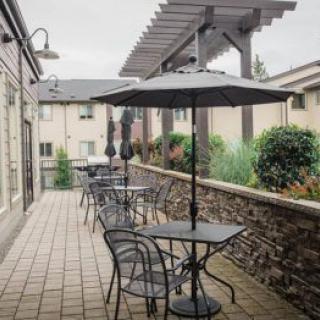 An outdoor patio with tables and chairs under umbrellas on an overcast day.