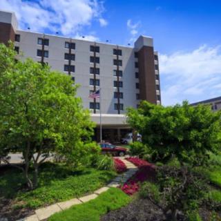A view of a hotel building surrounded by lush landscaping and trees under a clear blue sky.