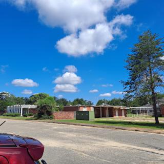A sunny day showcasing a clear blue sky with scattered clouds, framed by trees and buildings along the street.