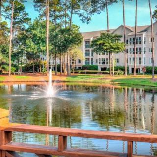 Scenic view of a lake with a fountain, surrounded by trees and buildings.