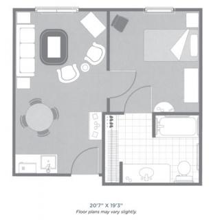A floor plan of a one-bedroom apartment with a living area, kitchen, and bathroom.