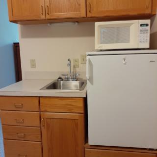 A compact kitchen area with a sink, microwave, and small fridge.