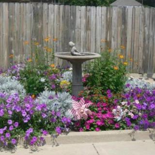 A vibrant garden with a birdbath surrounded by colorful flowers in full bloom.