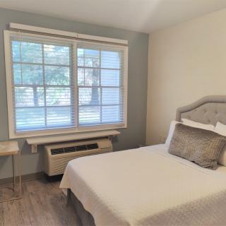 A modern and minimalist bedroom with natural light streaming through a large window, highlighting the neutral color scheme and simple furnishings.