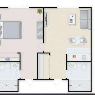 A digital floor plan of a modern apartment, showcasing the layout and design of various rooms.