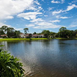A tranquil lakeside view with houses and lush greenery under a vibrant blue sky.