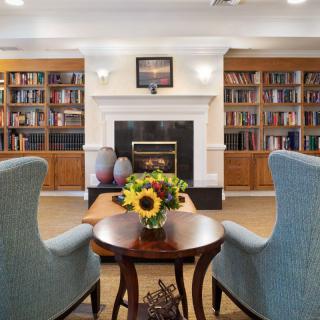 Cozy library with armchairs and a fireplace surrounded by bookshelves.