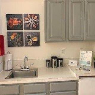 A small kitchen area with a sink, cabinets, and wall art.