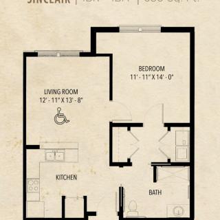 A simple one-bedroom apartment floor plan.