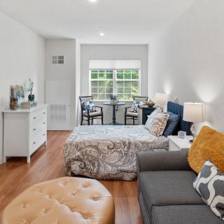A cozy and modern studio apartment with a comfortable bed, seating area, and bright natural lighting.