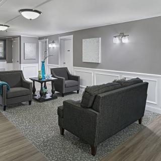A modern living room with dark gray sofas, a carpet, and elegant lighting.