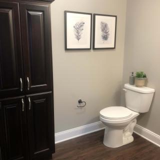 A modern bathroom with dark wood cabinetry, a toilet, and decorative wall art.