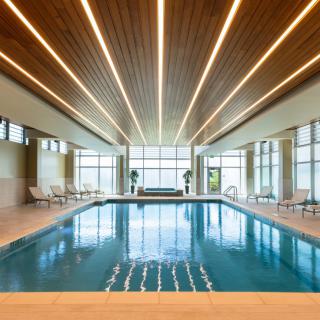 A luxurious indoor swimming pool with modern lighting and sleek architectural design.