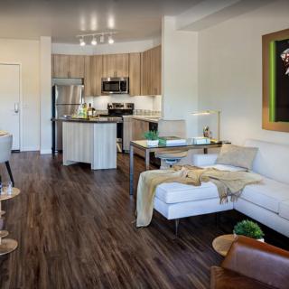 A modern apartment with an open floor plan featuring a living room and kitchen area.