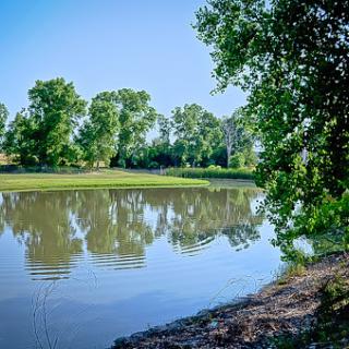 A serene river scene showcasing the reflection of trees on calm waters under a clear blue sky.