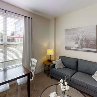 A cozy living room with a sofa, coffee and dining tables, a lamp, and wall artwork, lit by natural light from a large window.