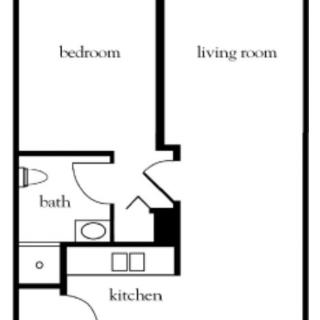 A simple floor plan of a one-bedroom apartment with a living room, kitchen, and bathroom.