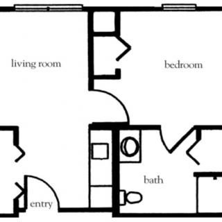 A simple floor plan of a one-bedroom apartment including a living room and bathroom.