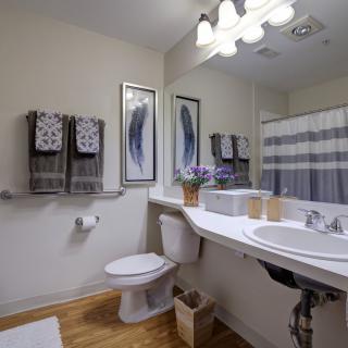 A modern bathroom with coordinated decor, featuring a large mirror, sink, toilet, and a striped shower curtain.