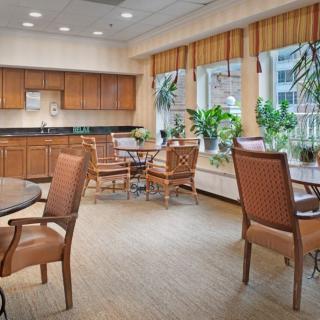 A cozy dining area with wooden furniture and large windows, featuring indoor plants.
