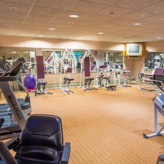 A well-equipped gym with various workout machines and exercise equipment.