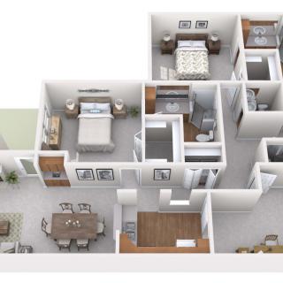 A 3D floor plan showcasing a spacious apartment with multiple bedrooms, bathrooms, and open living areas.