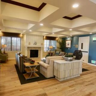 A modern living room with a cozy fireplace, stylish furniture, and elegant coffered ceilings.