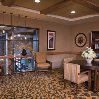 A modern hotel lobby with comfortable seating and stylish decor.