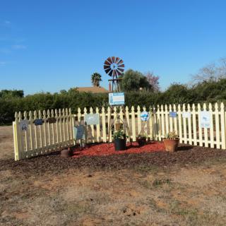 A small fenced garden with a variety of plants, featuring a decorative windmill in the background.
