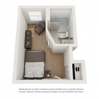 3D floor plan of a compact apartment unit featuring a bedroom, bathroom, and living space.
