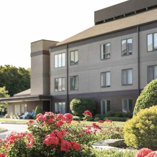 A hotel building with a garden featuring blooming flowers in the foreground.