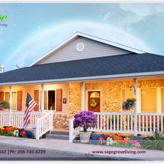 A charming single-story house with a front porch, American flag, and colorful flower pots.