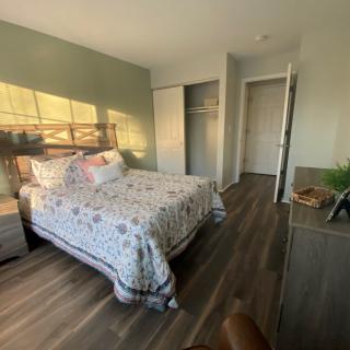 A cozy bedroom with a neatly made bed, illuminated by natural sunlight.